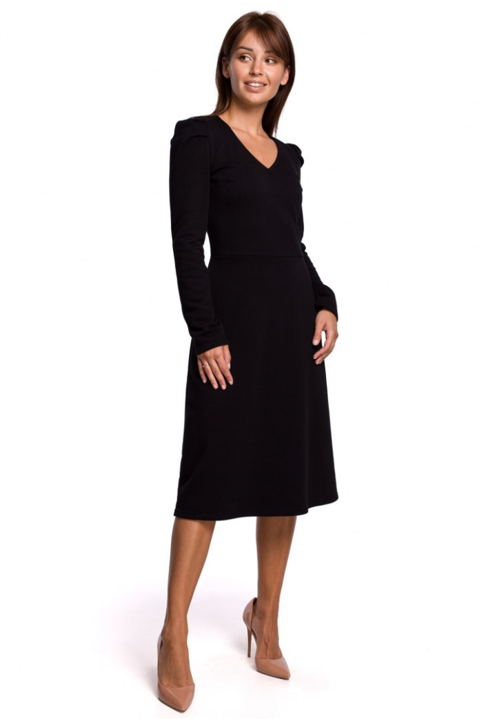 Sukienka Midi - Fason A Długi Rękaw Dekolt V - czarna